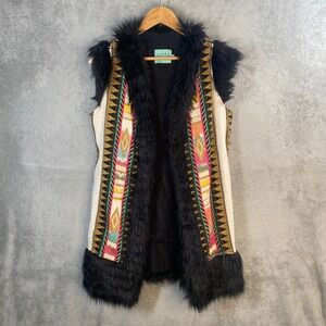 Judith March Faux Fur Trim Tribal Penny Lane Vest Large Boho Coachella Indie